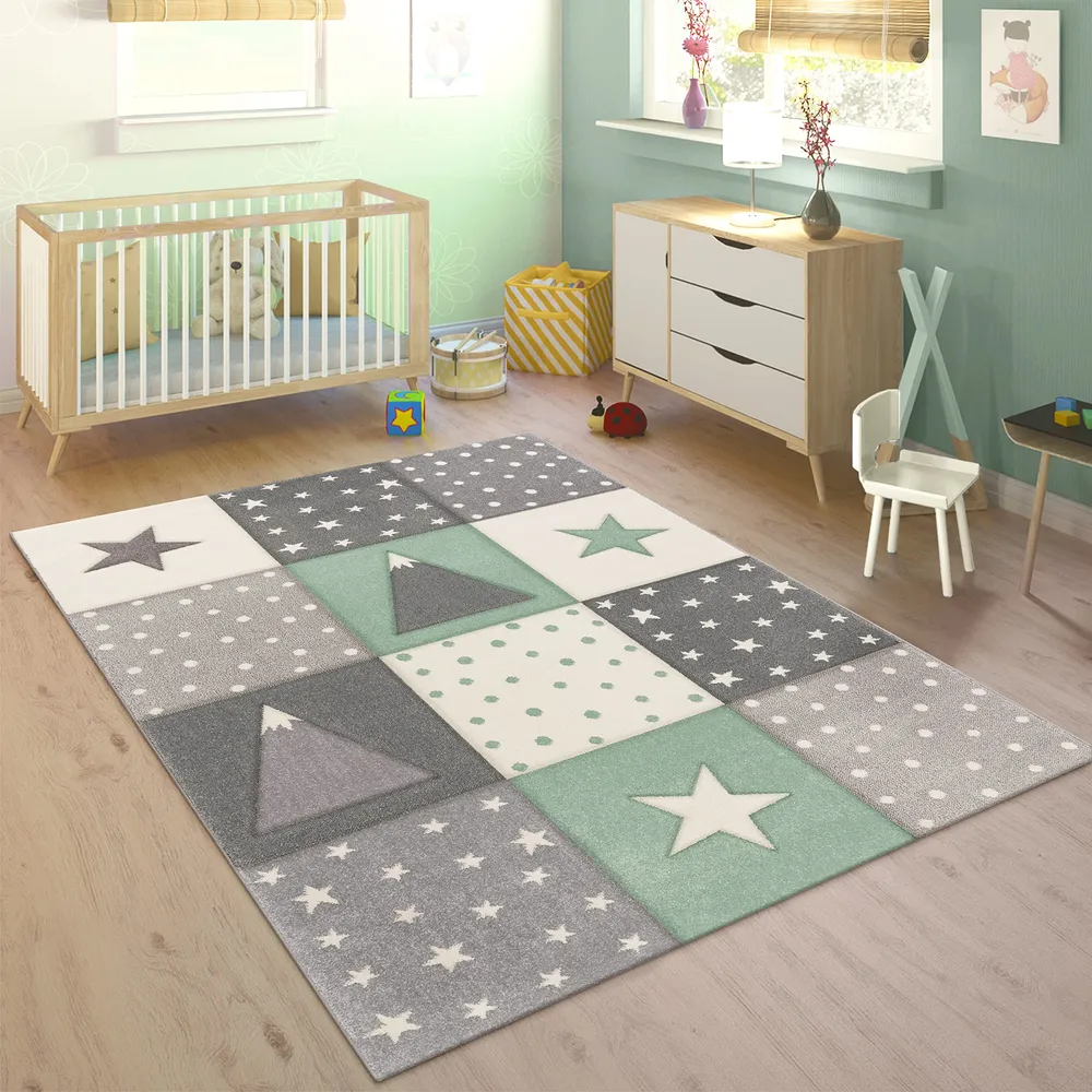 Barne­teppe Barneteppe pastel 3D med stjerner 133x133cm grønn/grå – sklep Paco Home 10-44-14-16|70