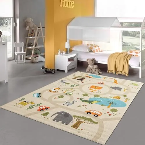 Barne­teppe Barneteppe safari med vei, antiskli og vaskbart 160x220cm Teppich-Traum 354/Beige_6