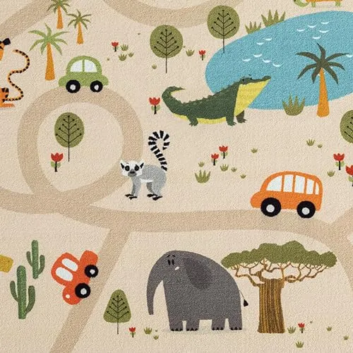 Barneteppe Barneteppe safari med vei, antiskli og vaskbart 160x220cm Teppich-Traum 354/Beige_6