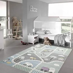 Barne­teppe Med Bilmotiv 140x200cm, Blå/grønn – Teppich-Traum 24193/0954_4
