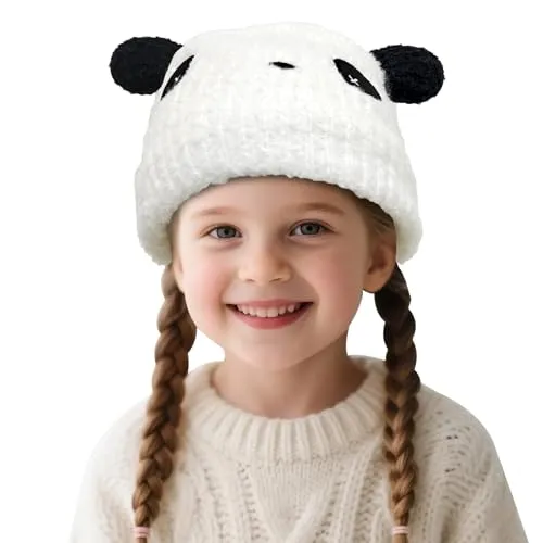 Barnecaps Tykk Strikket Panda, Hvit 5–10 År Med Oppbevaringspose SwirlColor