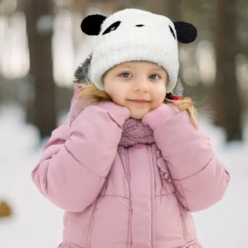 Barnecaps Tykk Strikket Panda, Hvit 5–10 År Med Oppbevaringspose SwirlColor