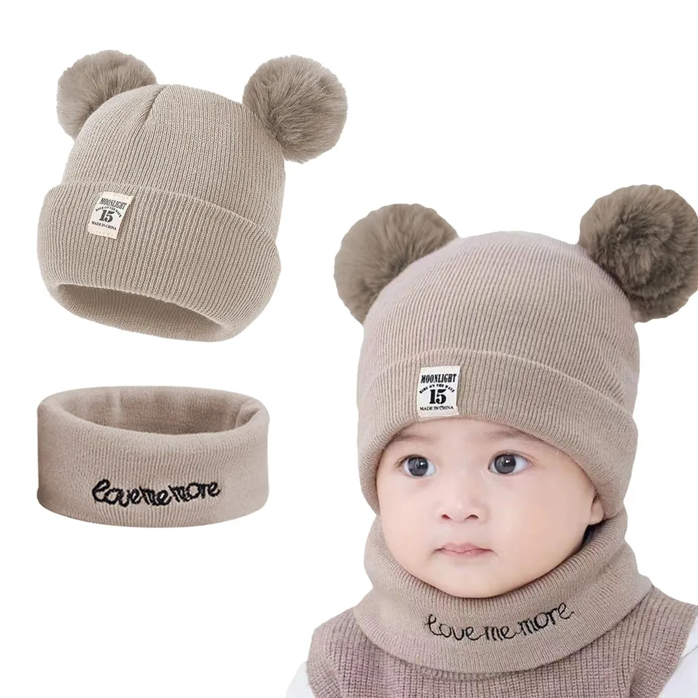 Lue Baby Med Skjerf 0–24m, Bomull, Khaki, Unisex, Pomponer – KASESSS 0-24