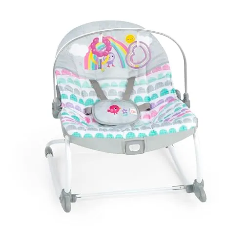 Baby Rocker med vibrasjon, aktivitetsbøyle og 5-punktssele Bright Starts Rosy Rainbow