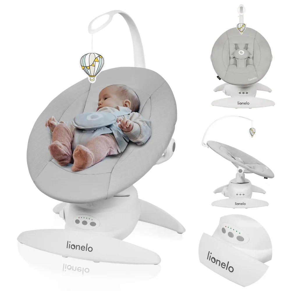 Babygynge Elektrisk 360° Opptil 9kg, 12 Melodier, Grå Lionelo LO-IRIS