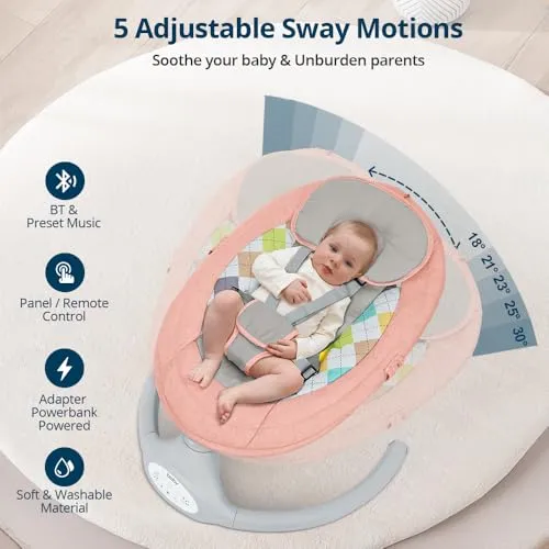 Babyhuske 5 Gyngehastigheter 2,3–9kg Med Fjernkontroll Og 5-punktssele Bioby