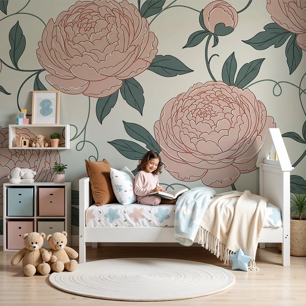 Barnetapet | Fine blomster og elegant løvverk i rosa og grønt