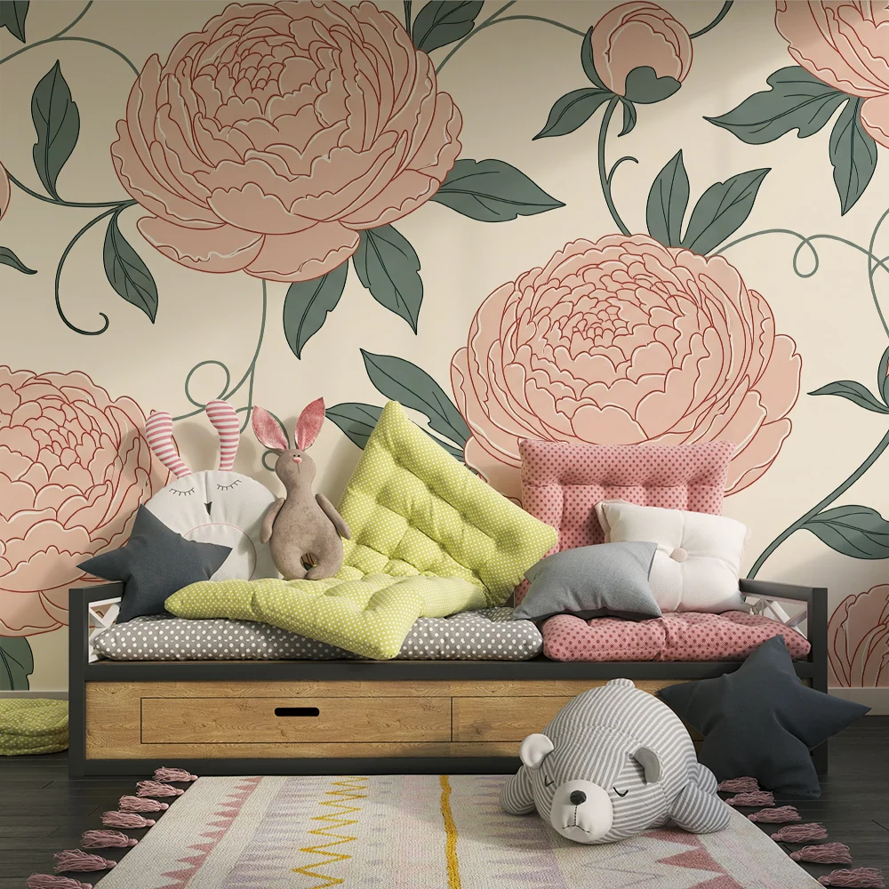 Barnetapet | Fine blomster og elegant løvverk i rosa og grønt