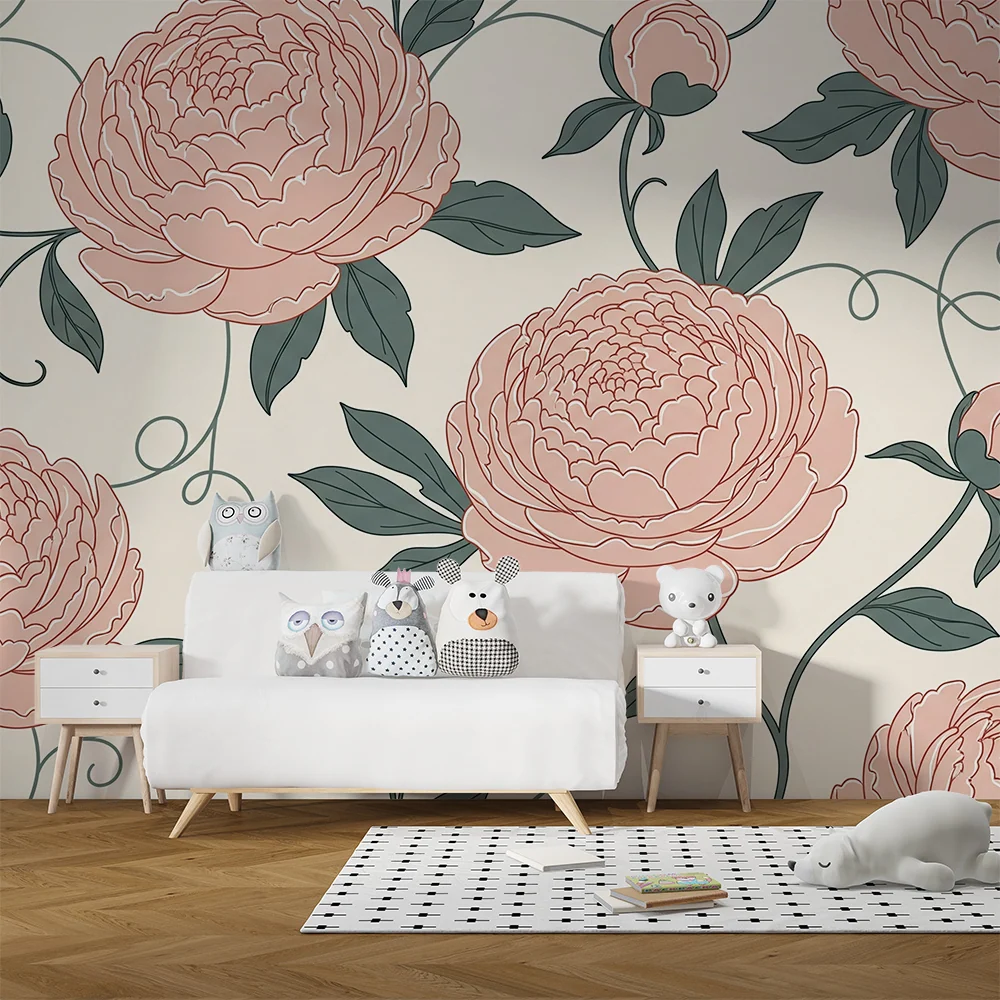 Barnetapet | Fine blomster og elegant løvverk i rosa og grønt