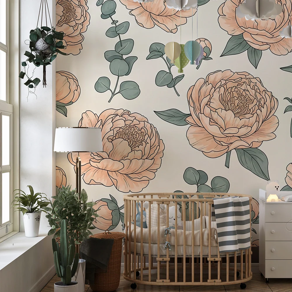 Barnetapet med blomster | Fin pion på myk bakgrunn