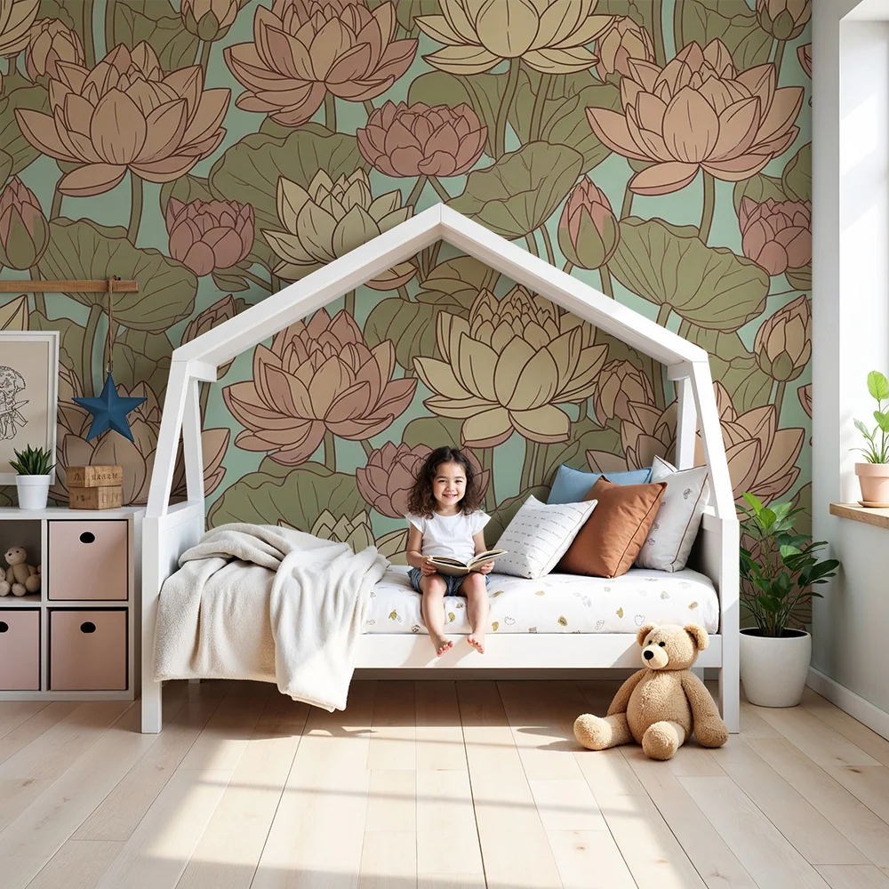 Barnetapet med lotusblomster | Finpusset design på rolig bakgrunn