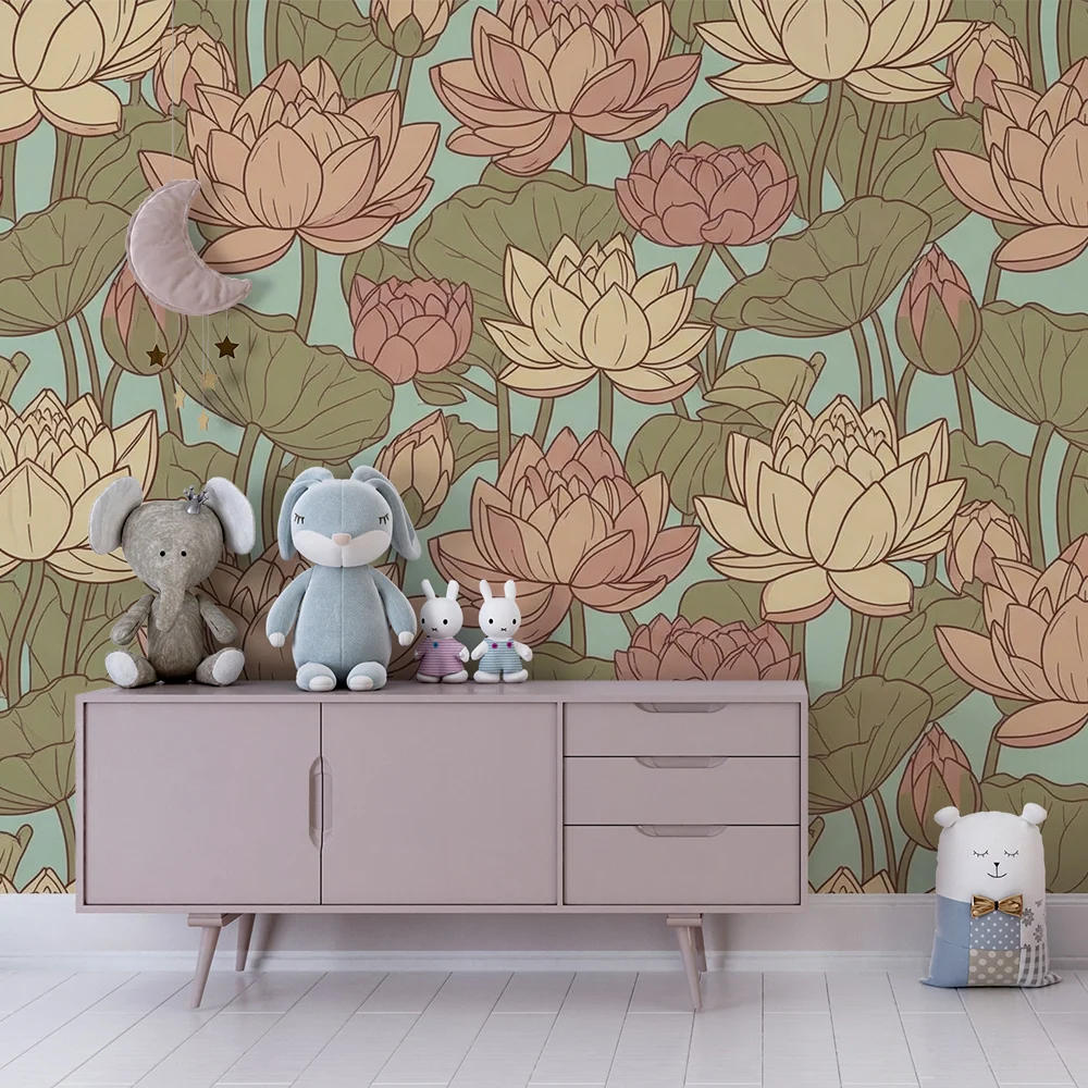 Barnetapet med lotusblomster | Finpusset design på rolig bakgrunn