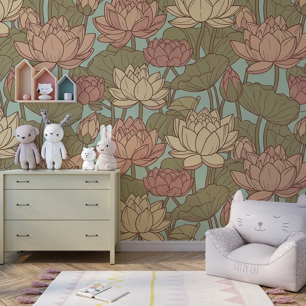 Barnetapet med lotusblomster | Finpusset design på rolig bakgrunn