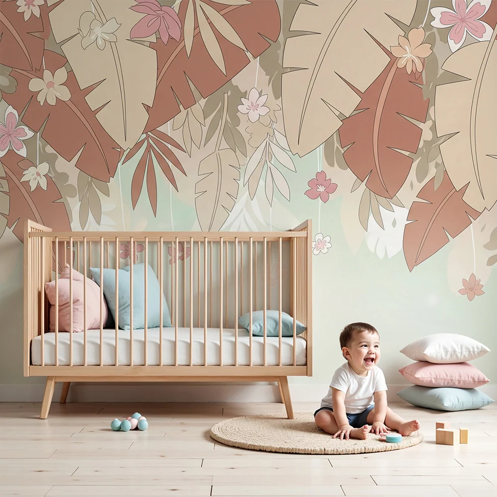 Tapet barnerom | Beige og terrakotta tropiske blader