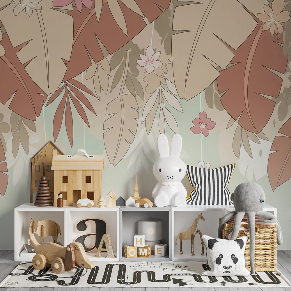 Tapet barnerom | Beige og terrakotta tropiske blader