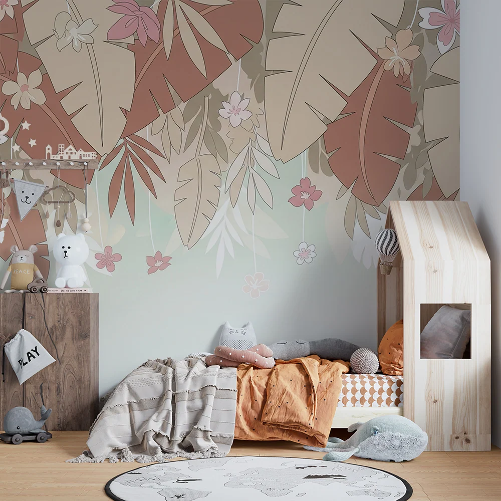 Tapet barnerom | Beige og terrakotta tropiske blader