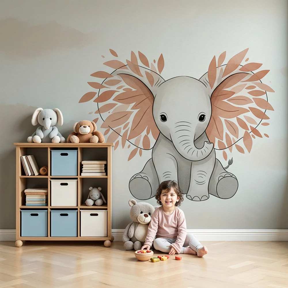 Tapet barnerom | Delikat elefant midt blant blader