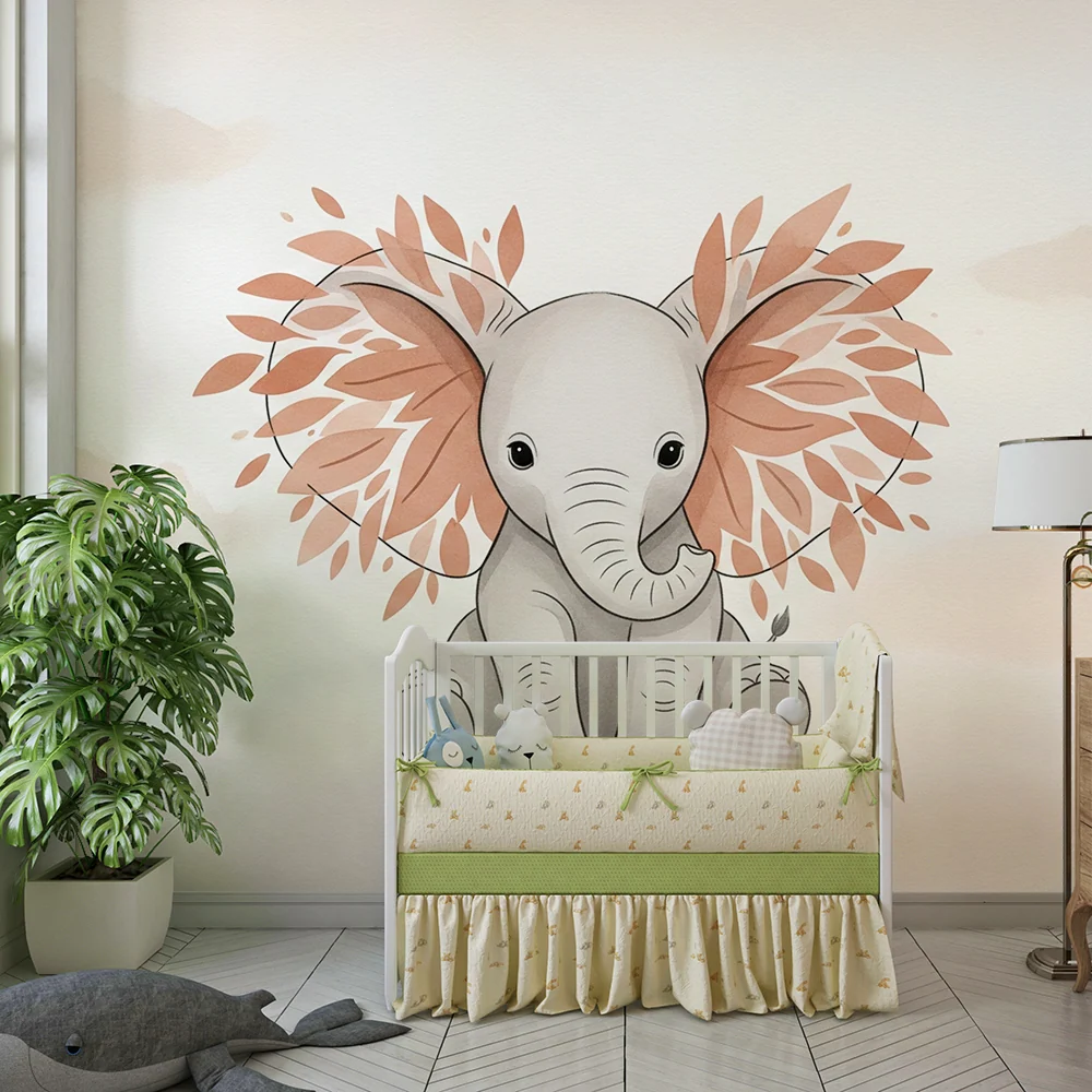 Tapet barnerom | Delikat elefant midt blant blader