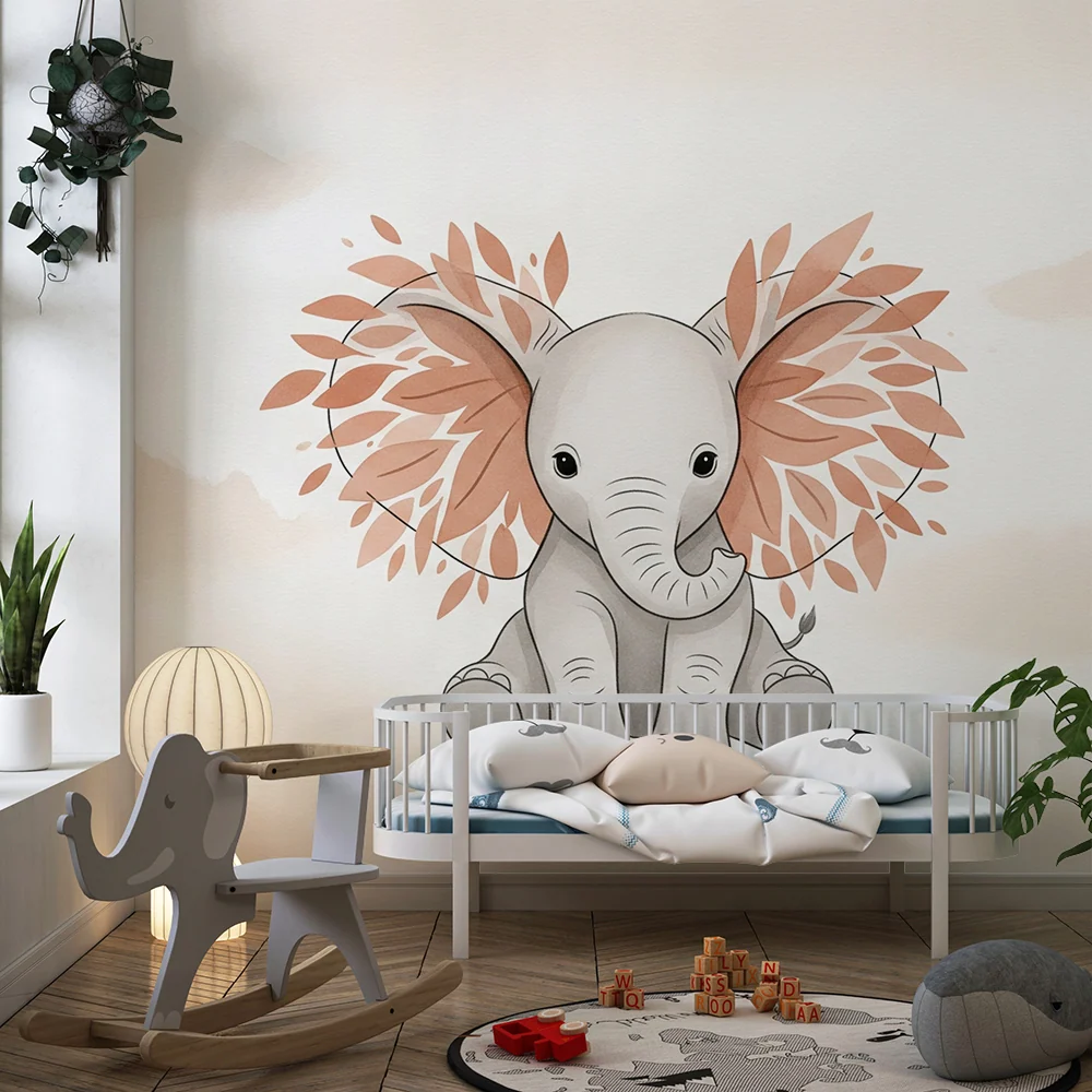 Tapet barnerom | Delikat elefant midt blant blader