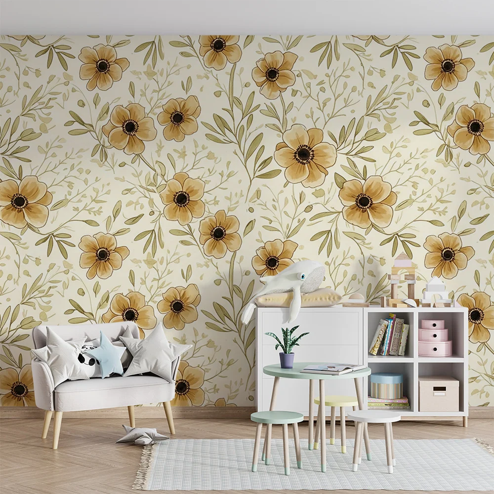 Tapet barnerom | Delikate blomster i beige og grønne toner på kremfarget bakgrunn