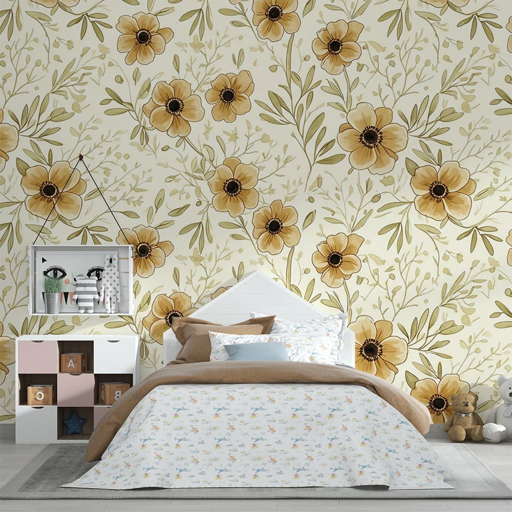 Tapet barnerom | Delikate blomster i beige og grønne toner på kremfarget bakgrunn