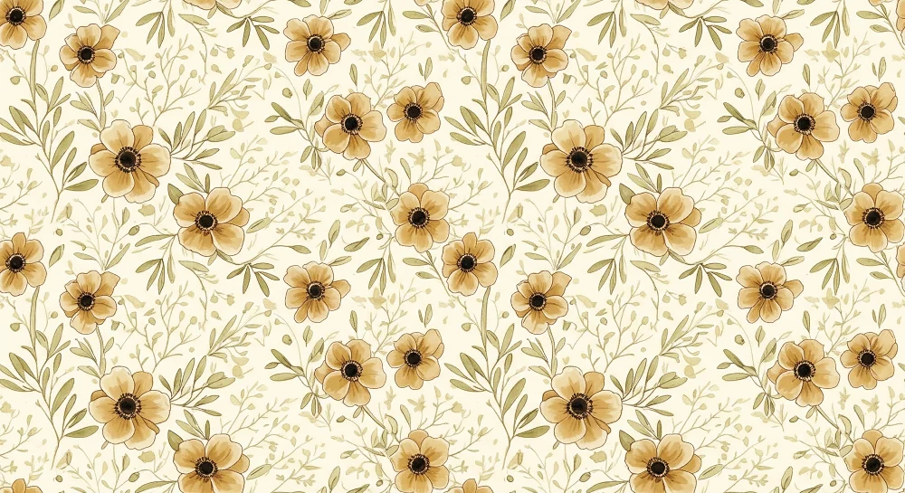 Tapet barnerom | Delikate blomster i beige og grønne toner på kremfarget bakgrunn