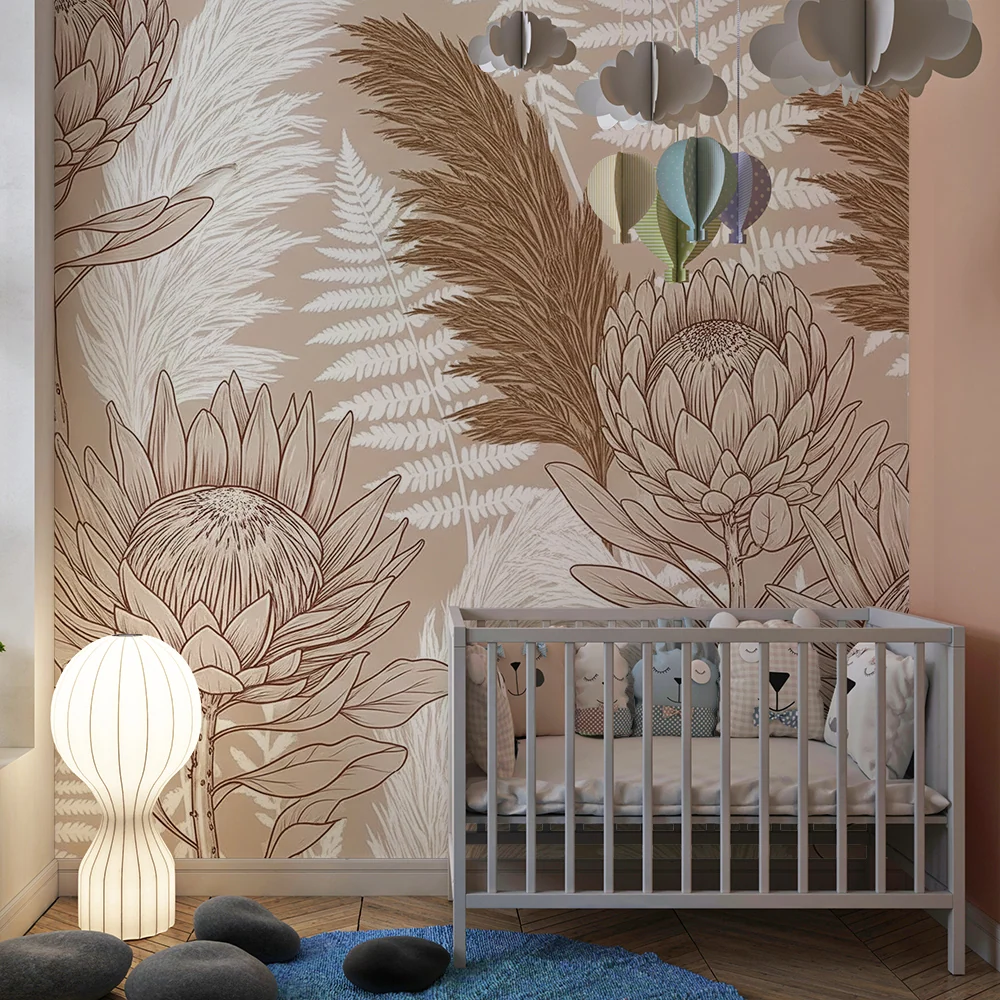 Tapet barnerom | Delikate blomster og myk løvverk på beige bakgrunn