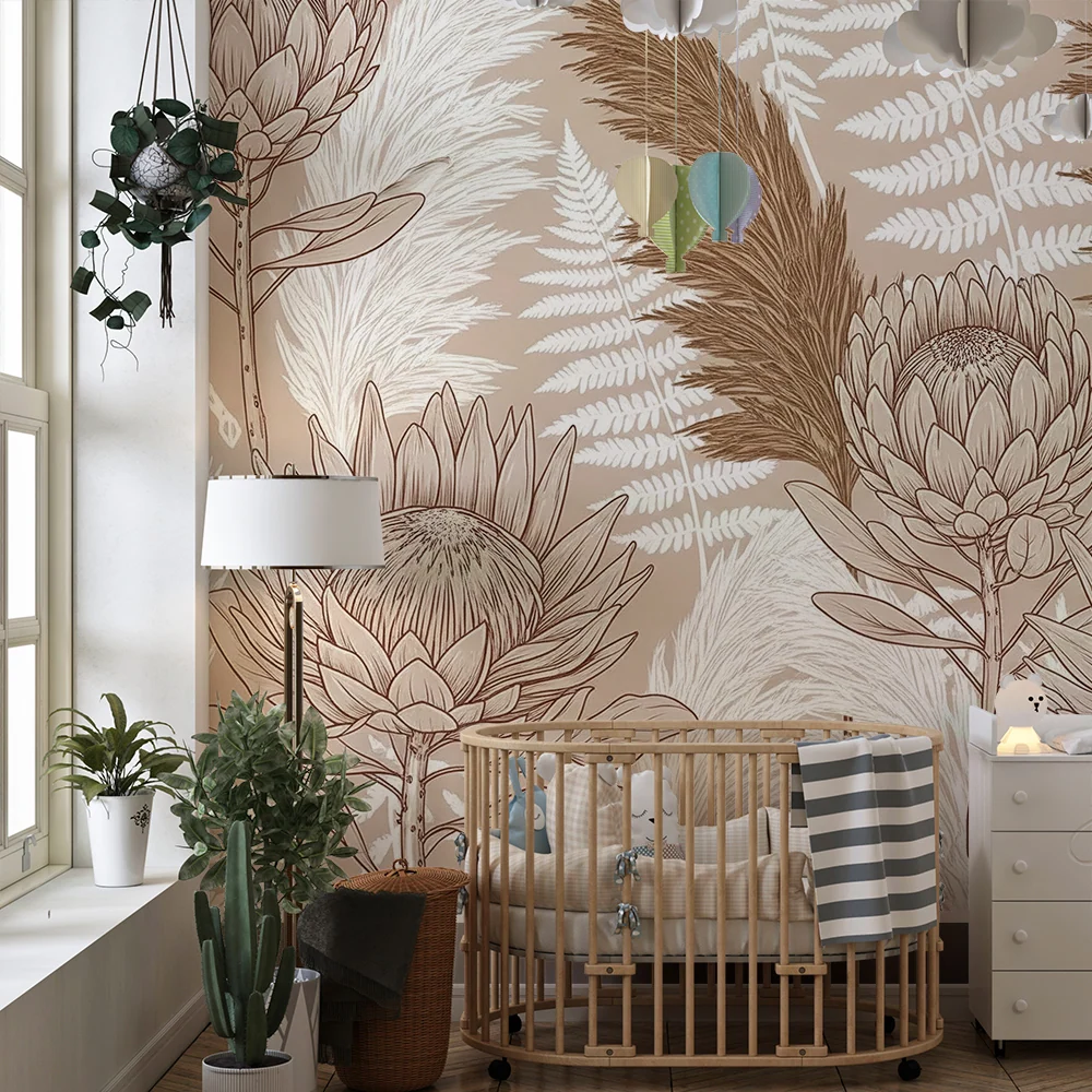 Tapet barnerom | Delikate blomster og myk løvverk på beige bakgrunn