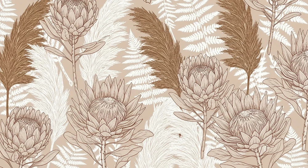 Tapet barnerom | Delikate blomster og myk løvverk på beige bakgrunn