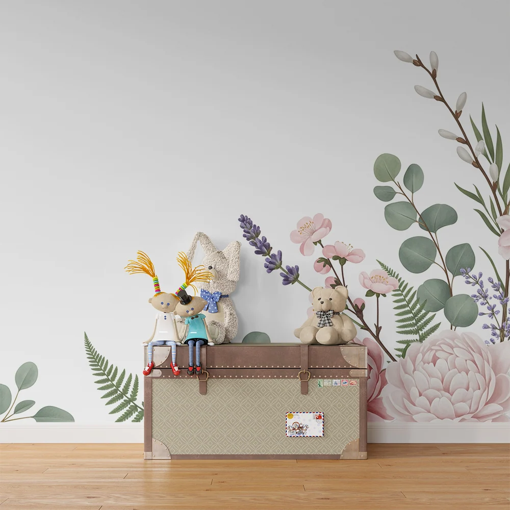 Tapet barnerom | Delikate blomster og myk løvverk en beroligende stemning