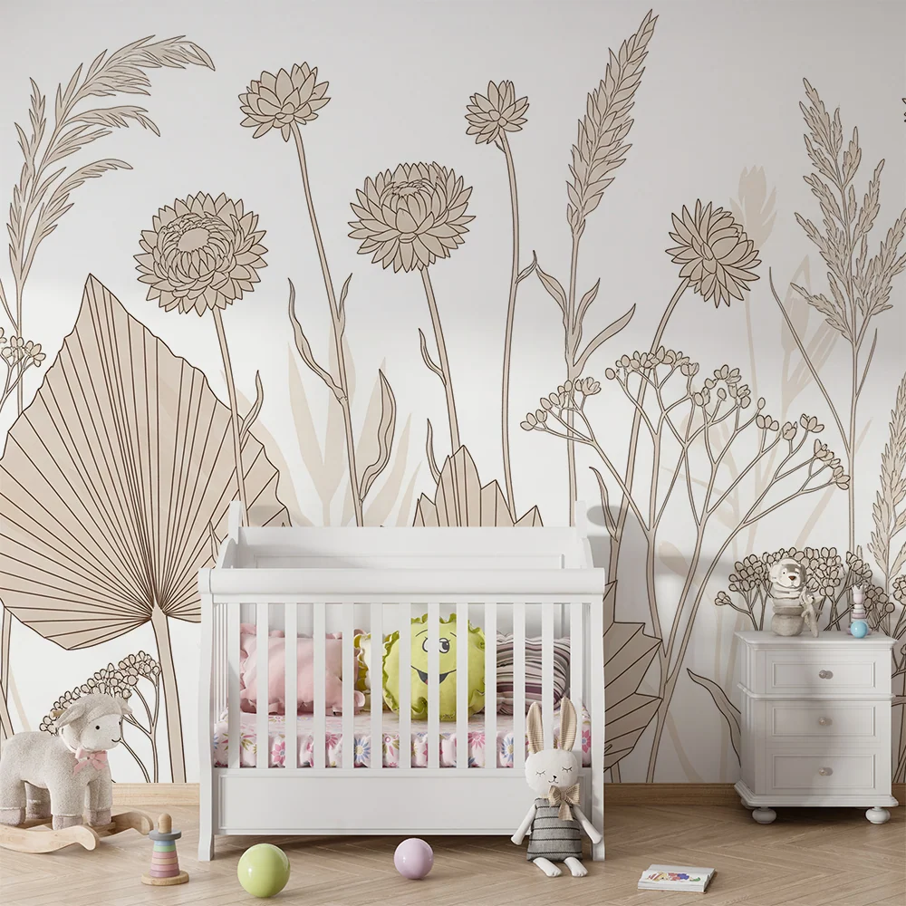 Tapet barnerom | Delikate blomster og rene bladlinjer