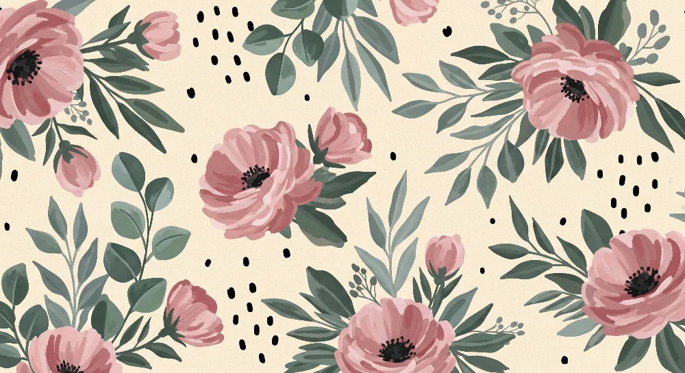 Tapet barnerom | Delikate rosa blomster på kremfarget bakgrunn