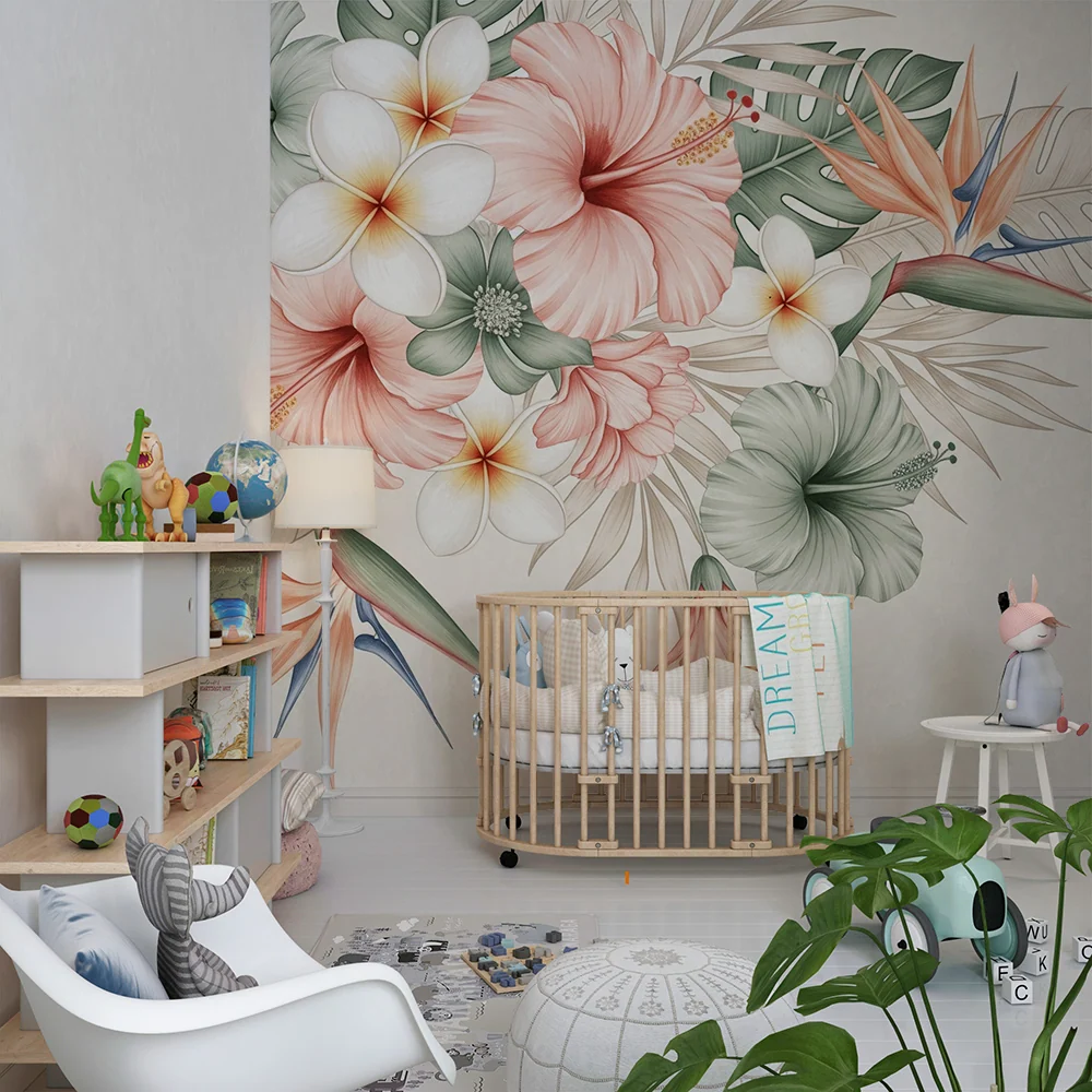Tapet barnerom | Delikate tropiske blomster på myk bakgrunn
