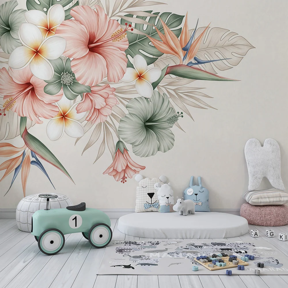 Tapet barnerom | Delikate tropiske blomster på myk bakgrunn