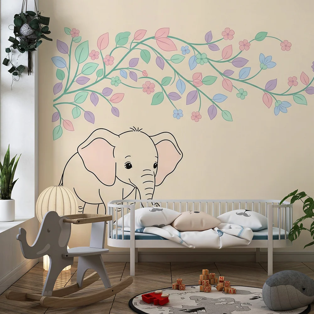 Tapet barnerom | Elegant elefant og pastellbladverk