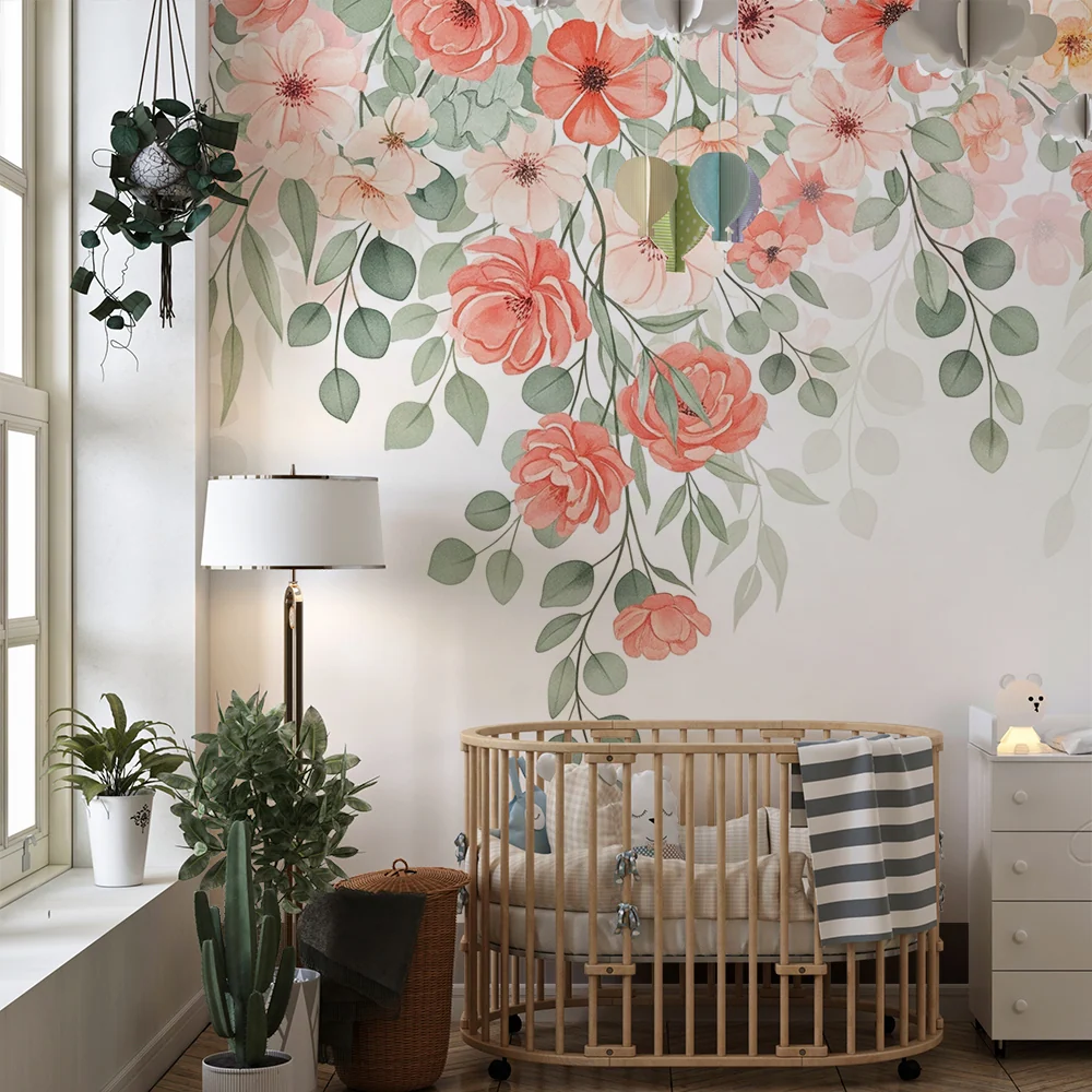 Tapet barnerom | Fallende røde og rosa blomster