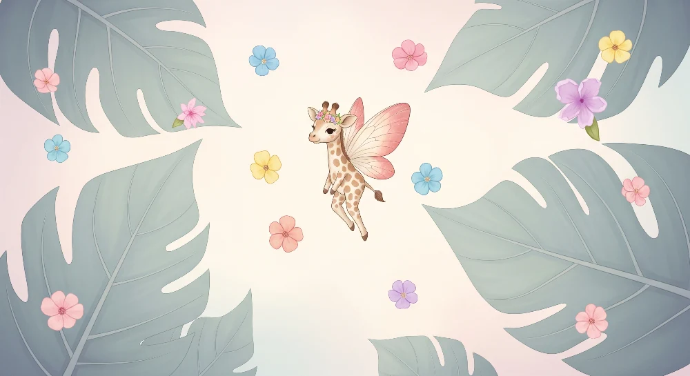 Tapet barnerom | Feerisk giraff omgitt av blomster og tropiske blader