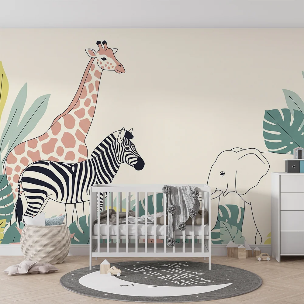 Tapet barnerom | Jungeldyr med giraff, sebra og elefant
