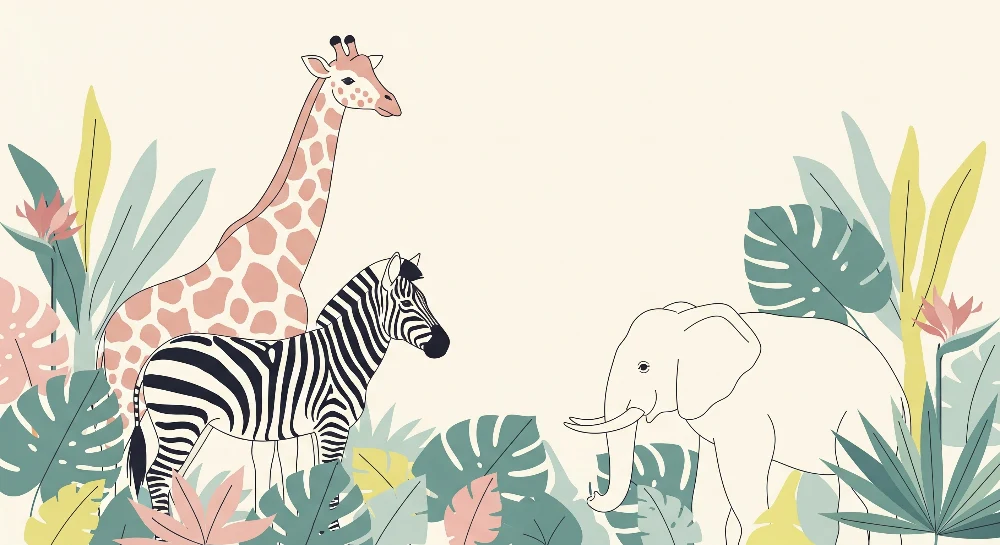 Tapet barnerom | Jungeldyr med giraff, sebra og elefant
