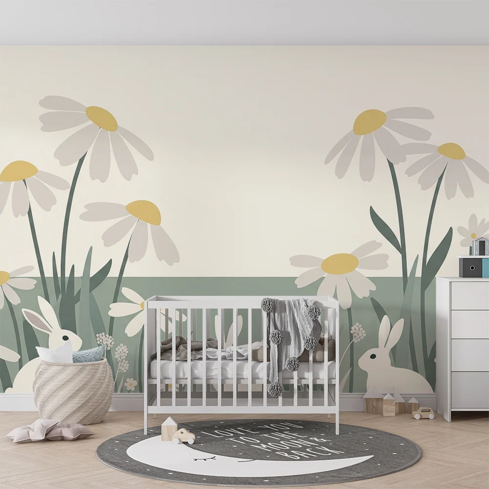 Tapet barnerom | Kaniner og blomster fra markene i en beroligende setting