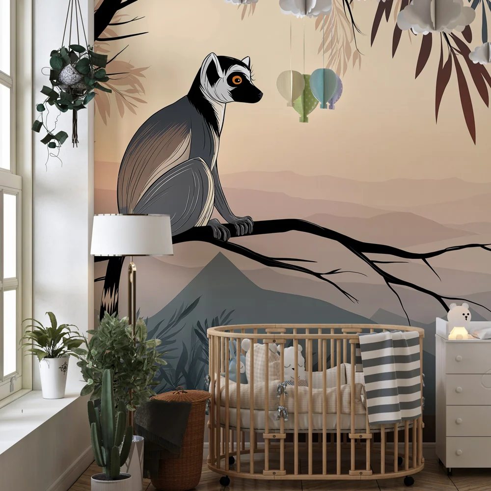 Tapet barnerom | Lemur på en gren ved soloppgang
