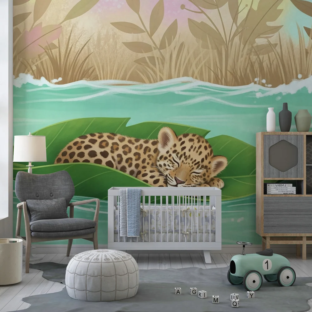Tapet barnerom | Liten fredelig leopard på et blad
