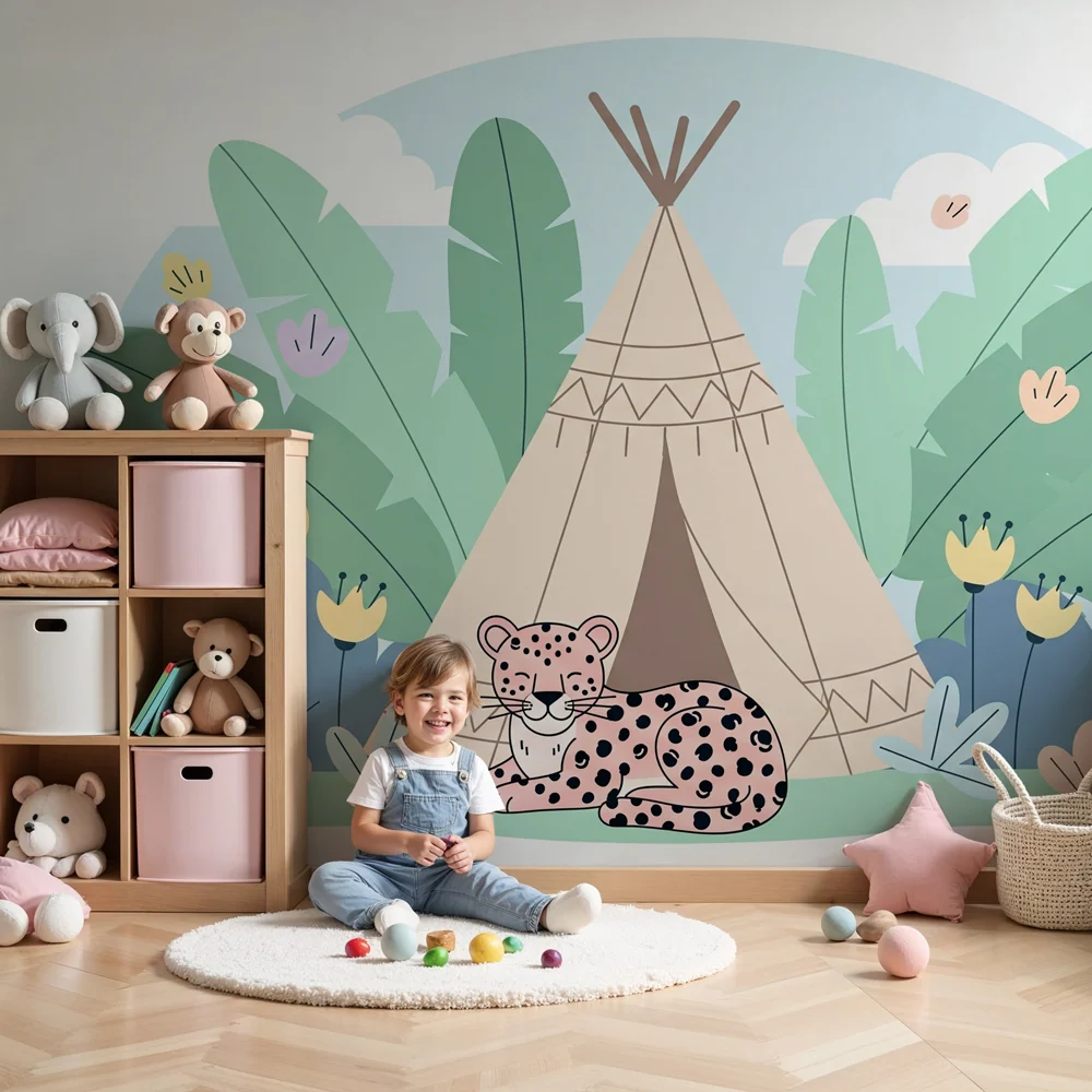 Tapet barnerom | Liten leopard og tipi i jungelen