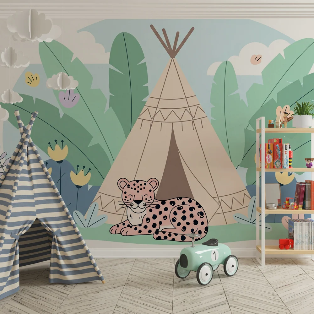 Tapet barnerom | Liten leopard og tipi i jungelen