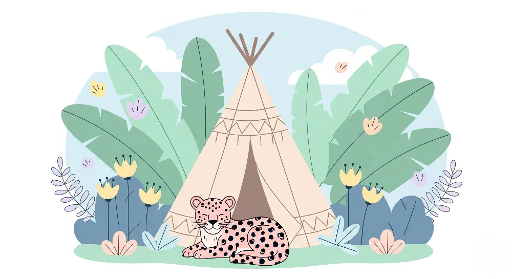 Tapet barnerom | Liten leopard og tipi i jungelen