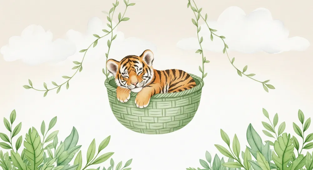 Tapet barnerom | Liten tiger sover i kurven sin