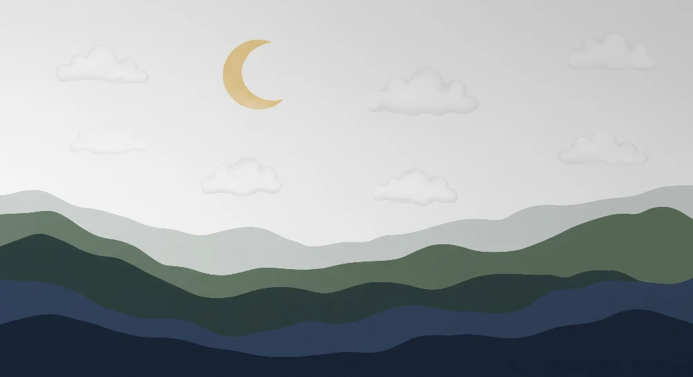 Tapet barnerom | Myke åser og stjernehimmel med gullmåne