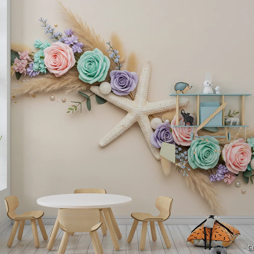 Tapet barnerom | Pastellblomster og sjøstjerne en myk stemning