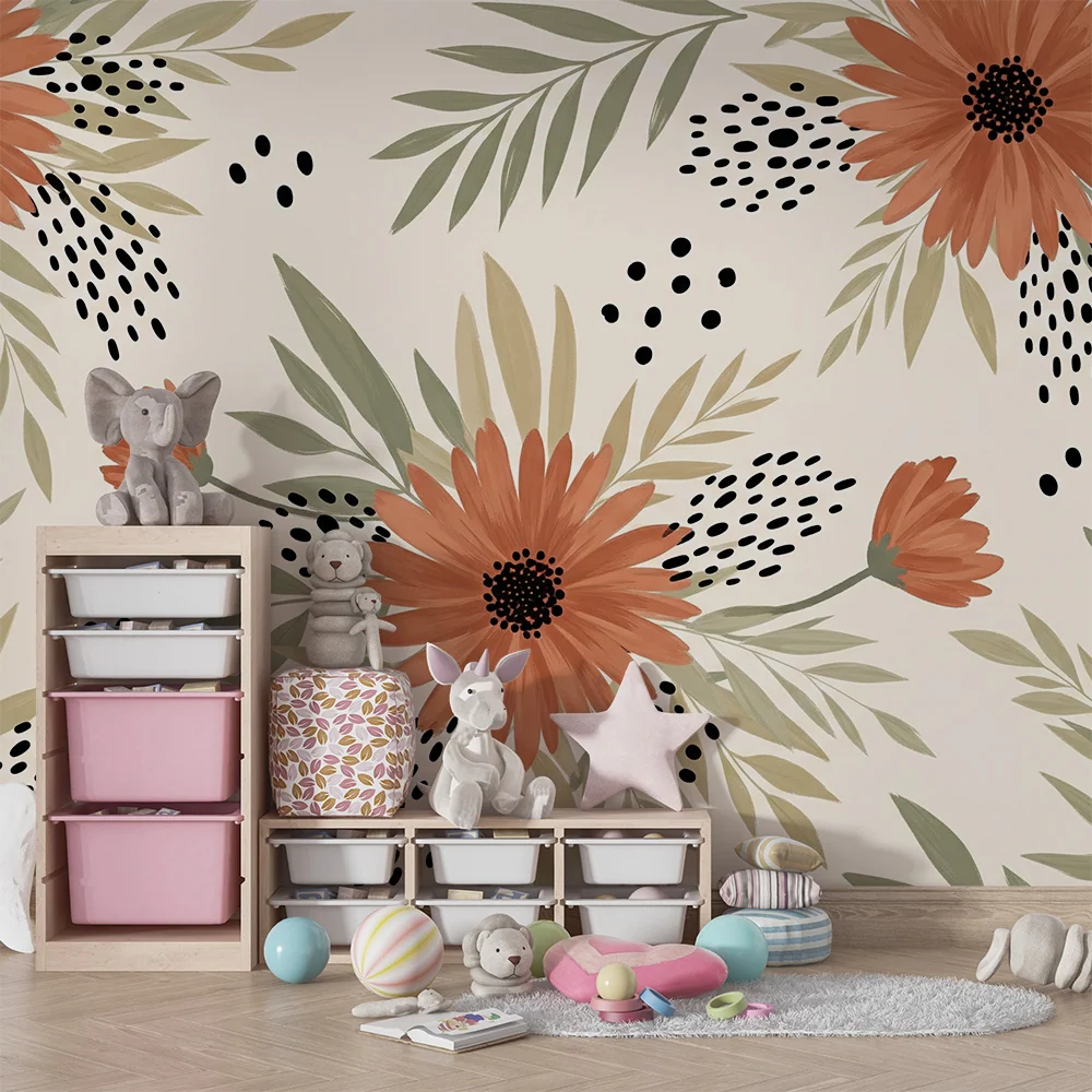 Tapet barnerom | Skarpe blomster og delikat løvverk på myk bakgrunn
