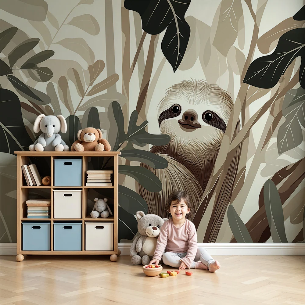 Tapet barnerom | Smilende dovendyr i en beige jungel
